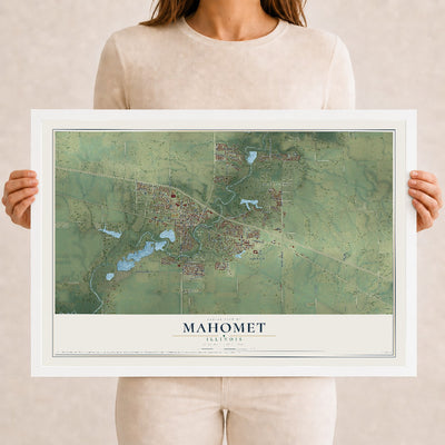 Map of Mahomet, Illinois, 12 x 18 inch print in a white wood frame