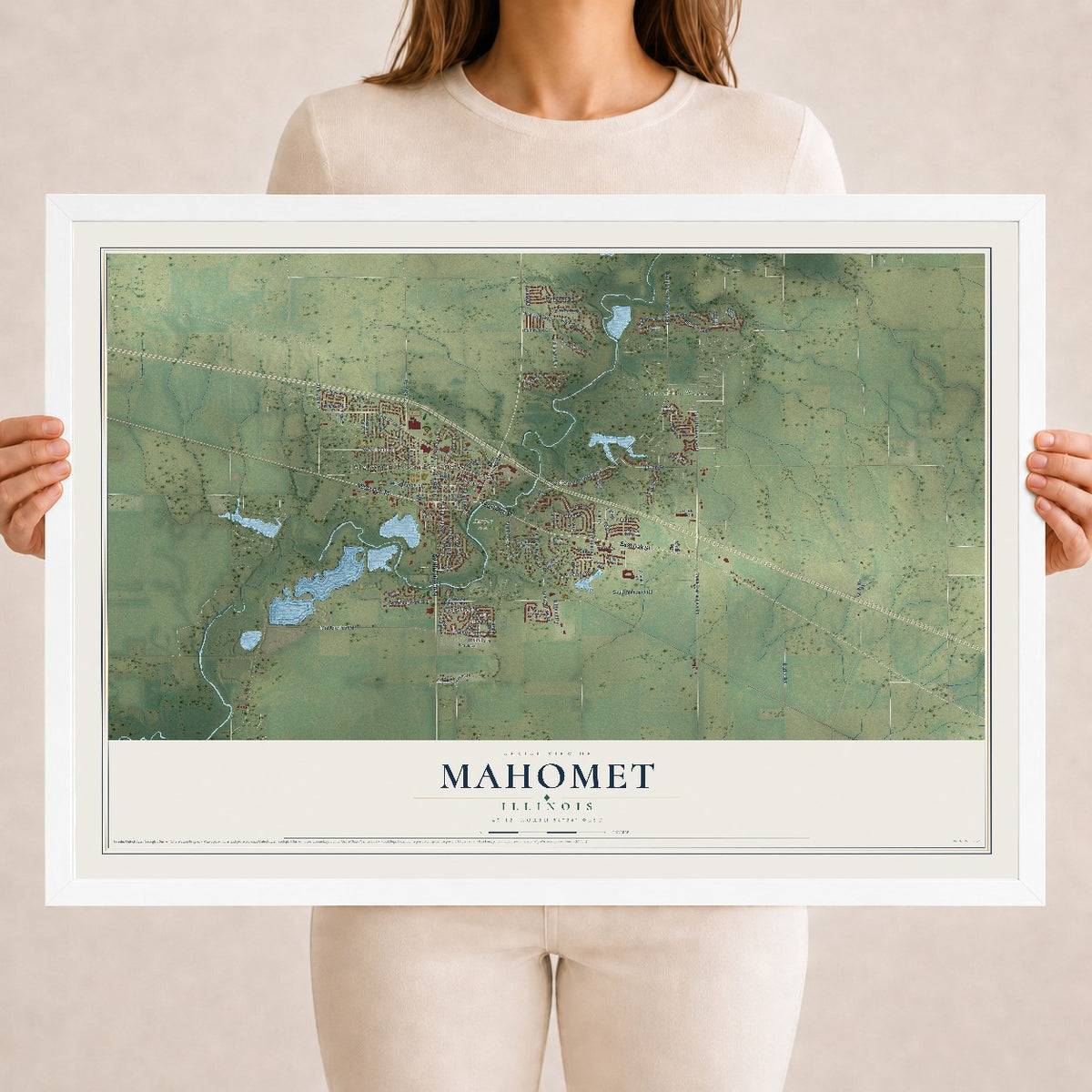 Map of Mahomet, Illinois, 18 x 24 inch print in a white wood frame