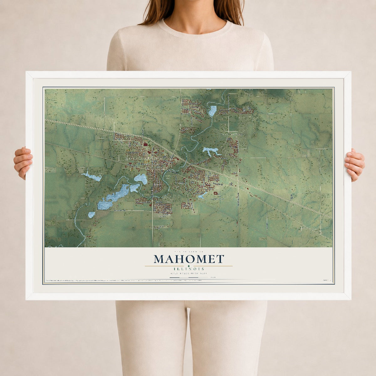 Map of Mahomet, Illinois, 24 x 36 inch print in a white wood frame