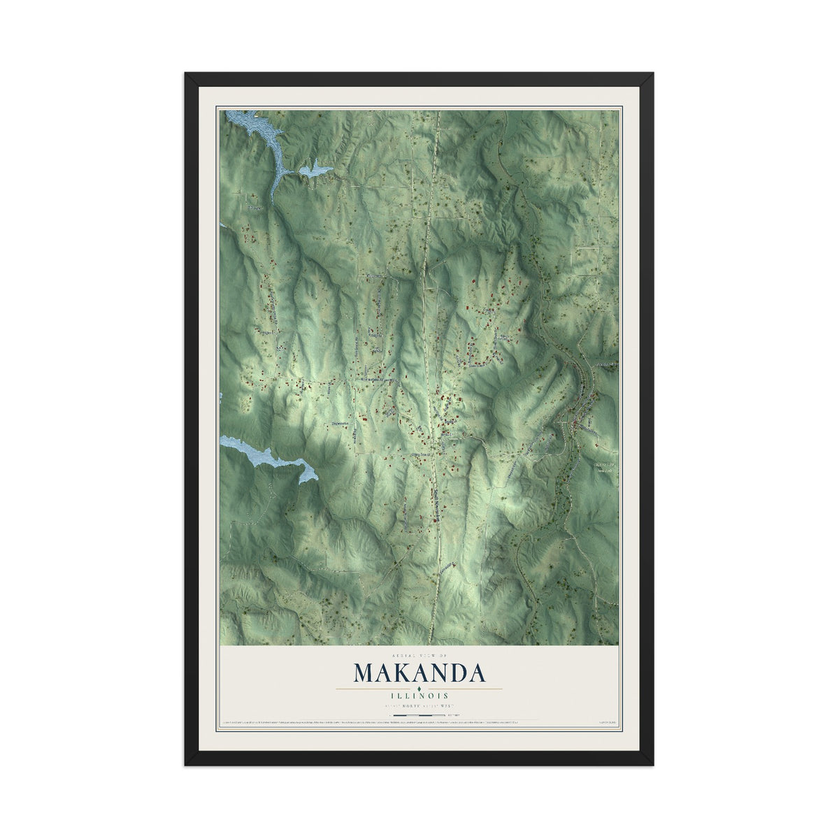 Map of Makanda, Illinois, 12 x 18 inch print in a black wood frame