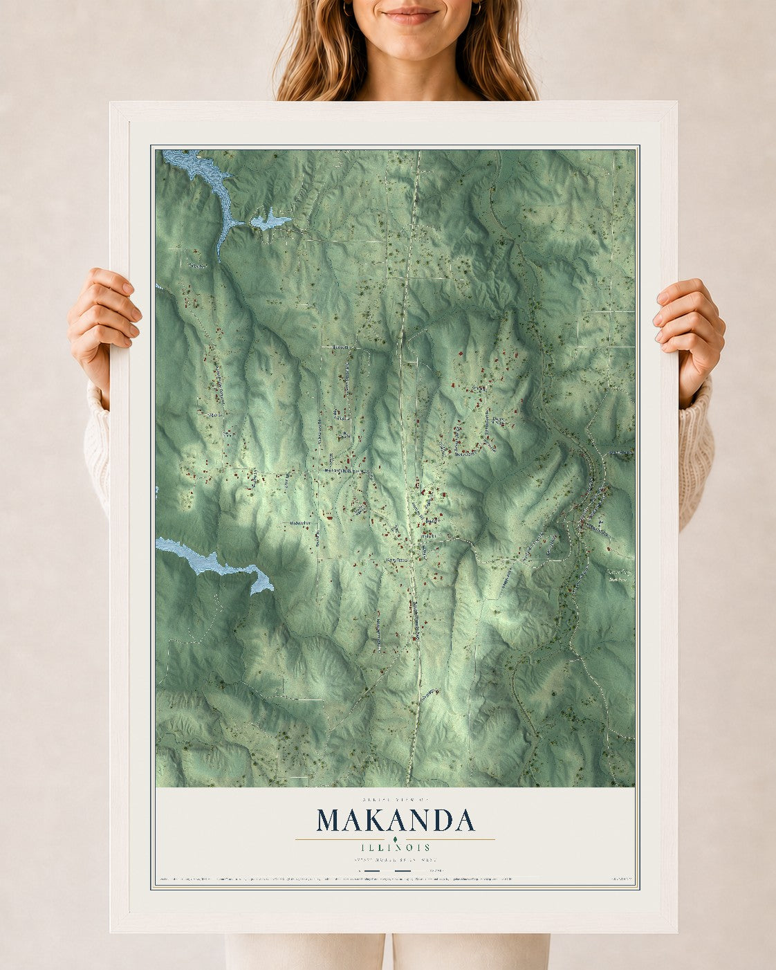 Map of Makanda, Illinois, 24 x 36 inch print in a white wood frame