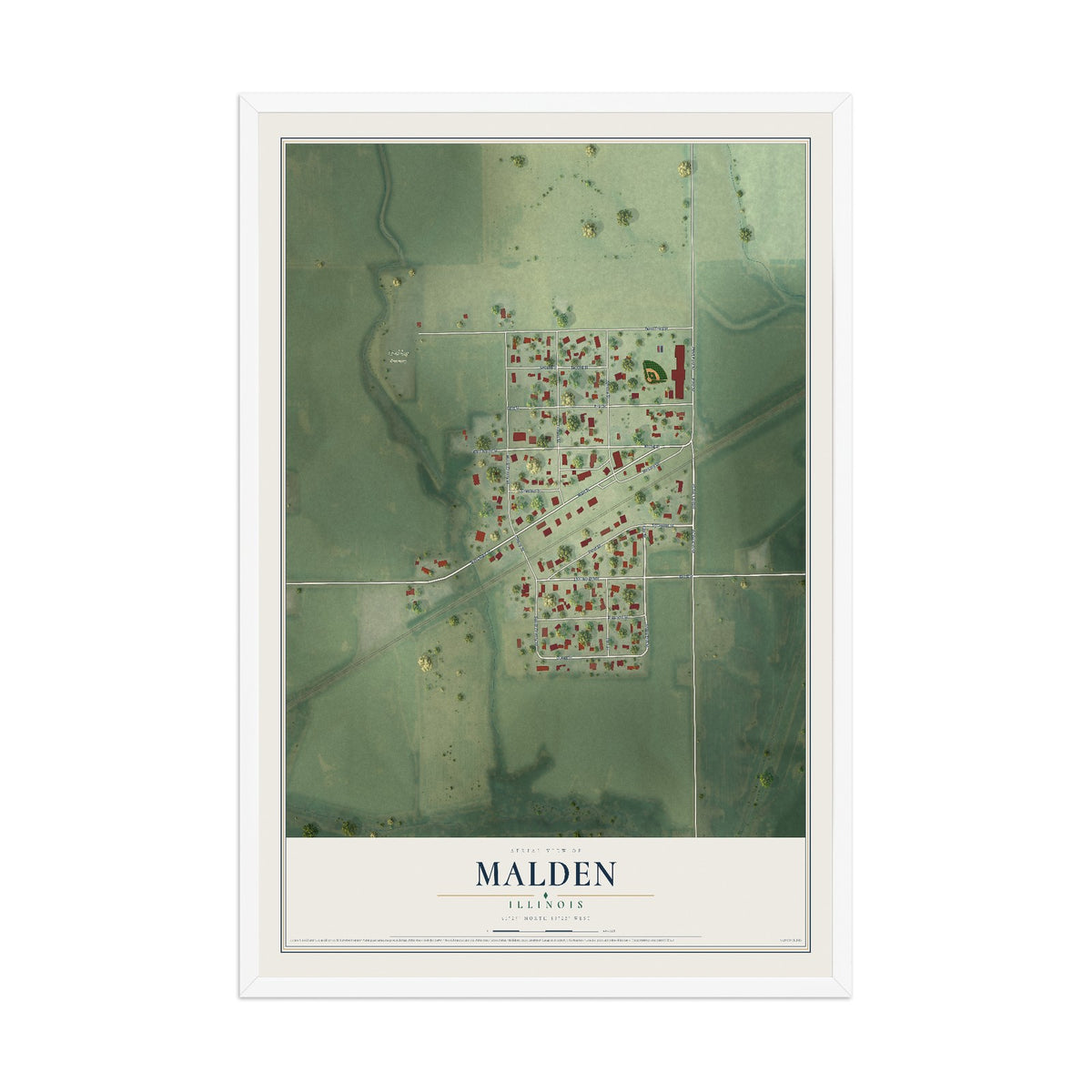 Map of Malden, Illinois, 12 x 18 inch print in a white wood frame