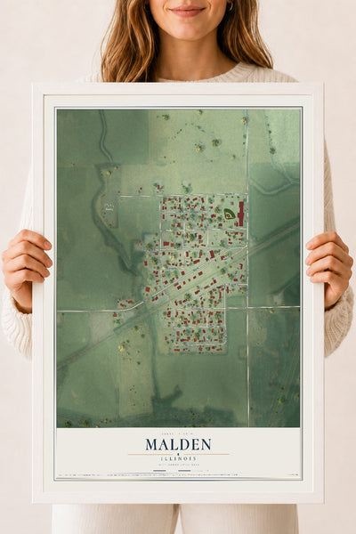 Map of Malden, Illinois, 18 x 24 inch print in a white wood frame