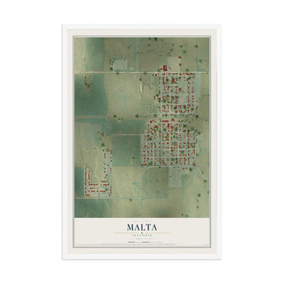 Map of Malta, Illinois, 12 x 18 inch print in a white wood frame