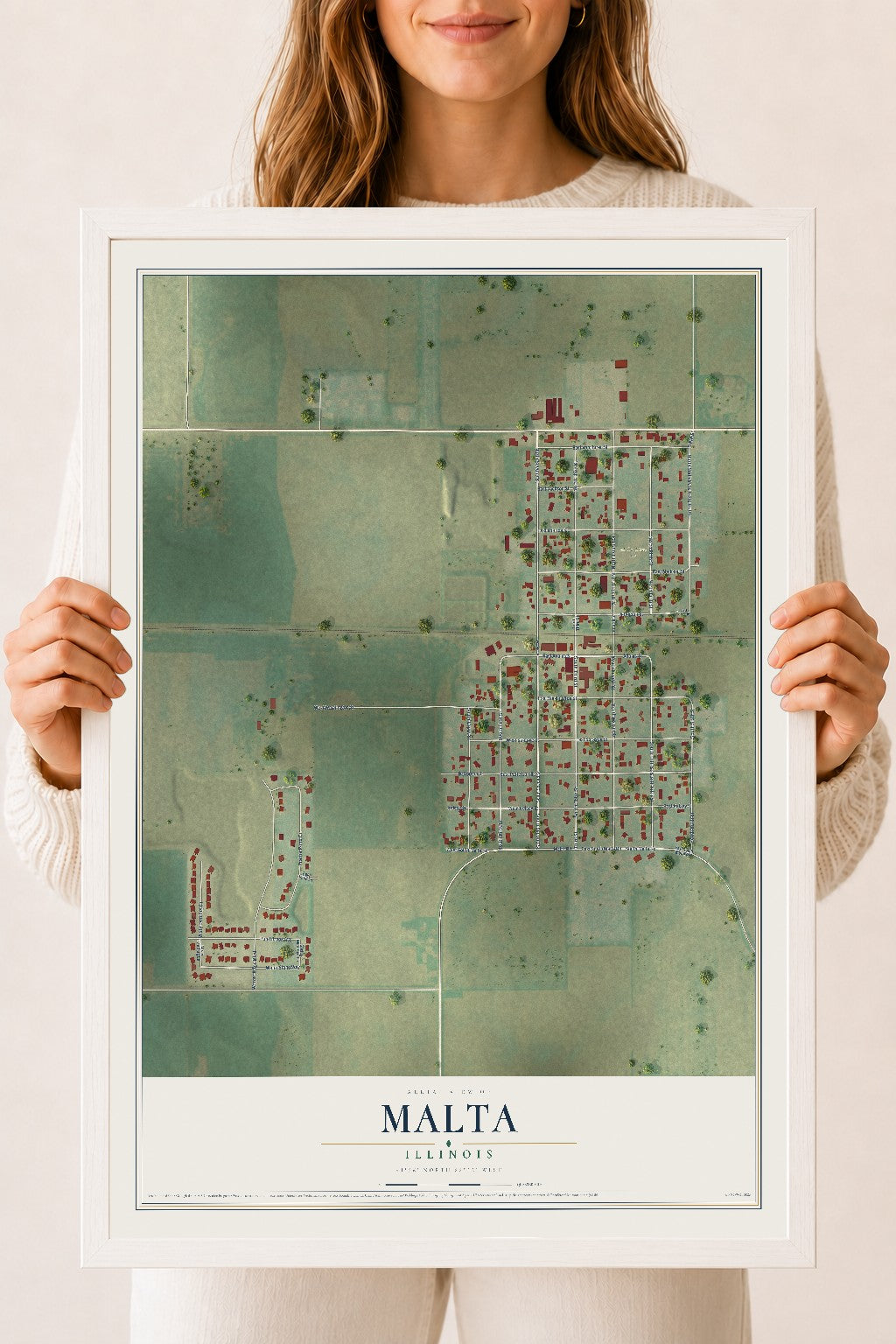 Map of Malta, Illinois, 18 x 24 inch print in a white wood frame