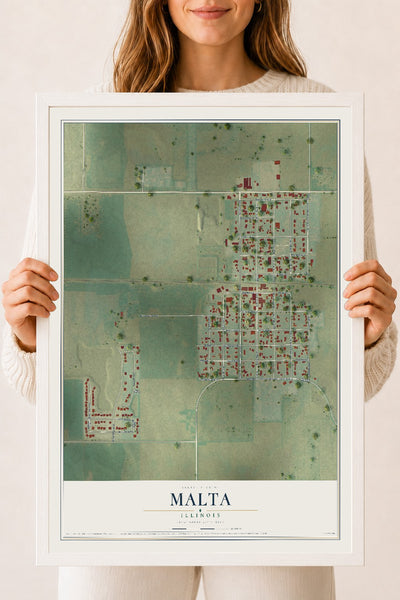 Map of Malta, Illinois, 18 x 24 inch print in a white wood frame