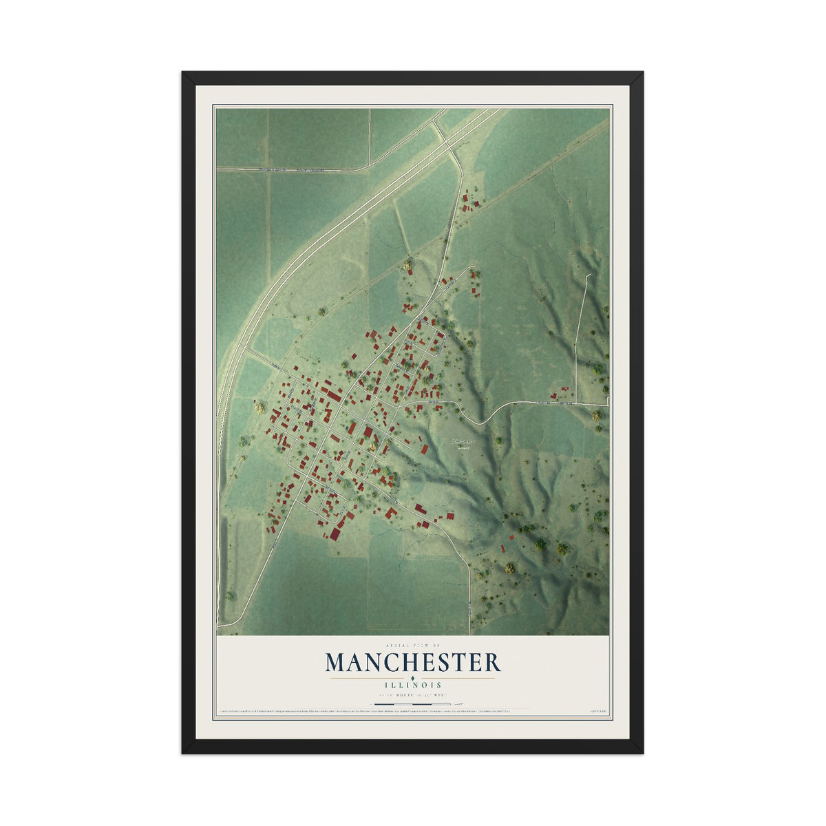 Map of Manchester, Illinois, 12 x 18 inch print in a black wood frame