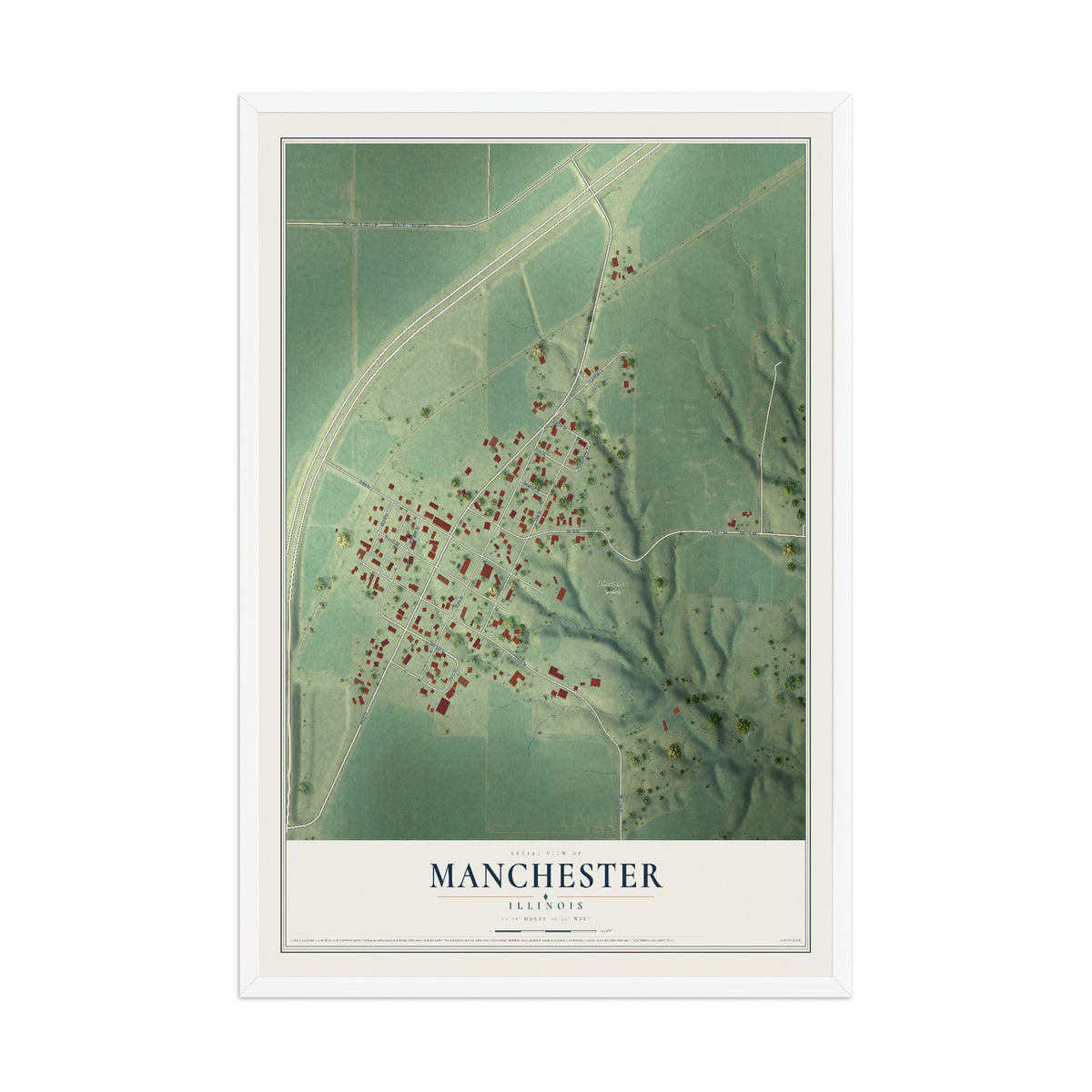 Map of Manchester, Illinois, 12 x 18 inch print in a white wood frame