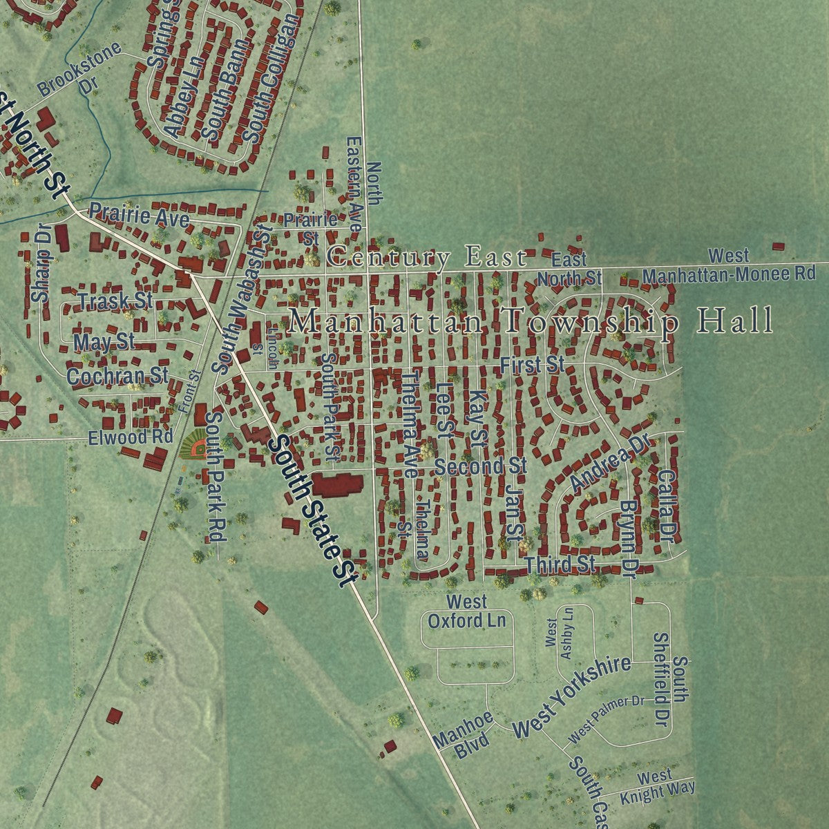 Close-up of the map of Manhattan, Illinois print showing street and building detail