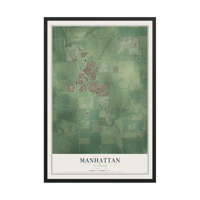 Map of Manhattan, Illinois, 12 x 18 inch print in a black wood frame