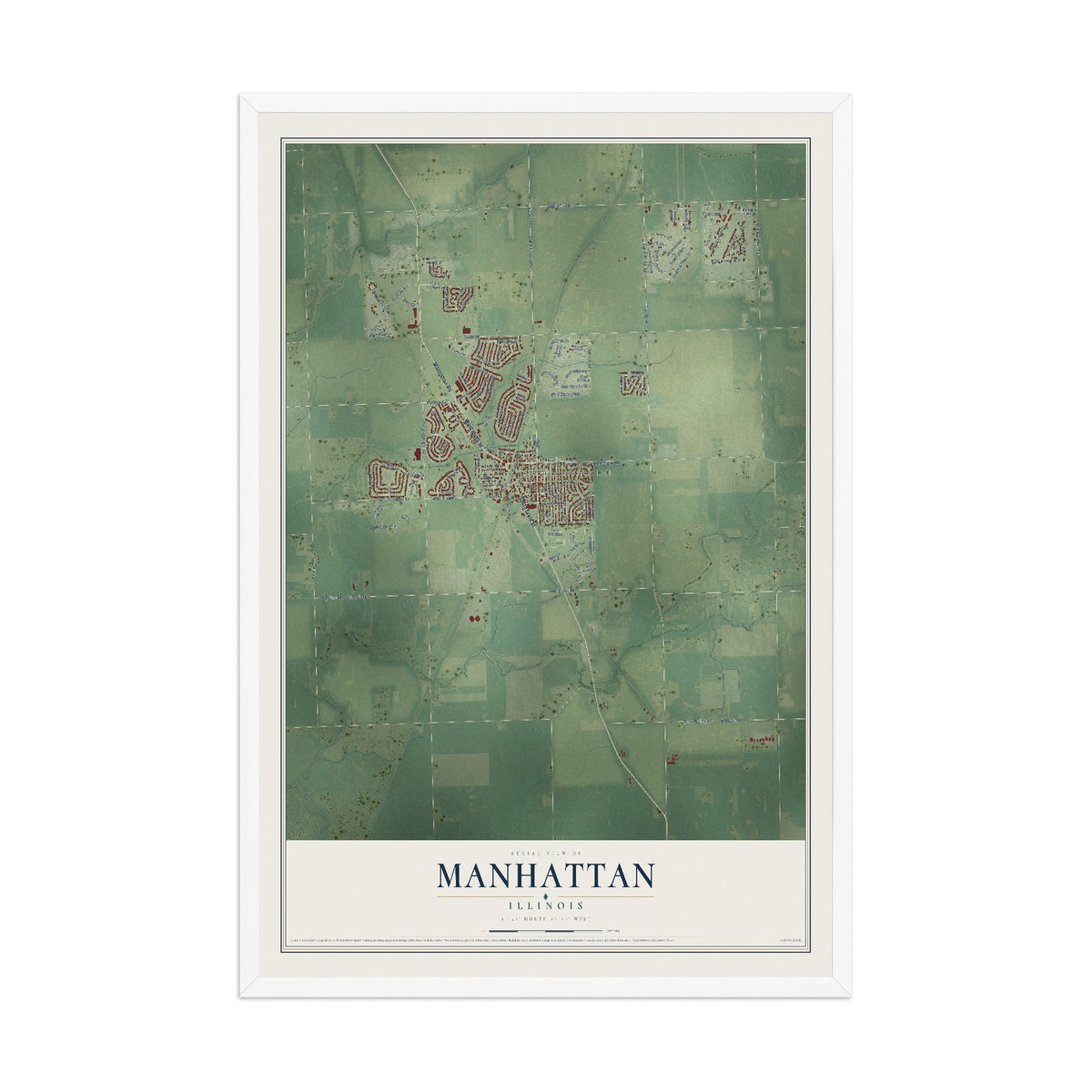 Map of Manhattan, Illinois, 12 x 18 inch print in a white wood frame
