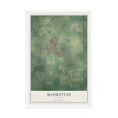 Map of Manhattan, Illinois, 12 x 18 inch print in a white wood frame