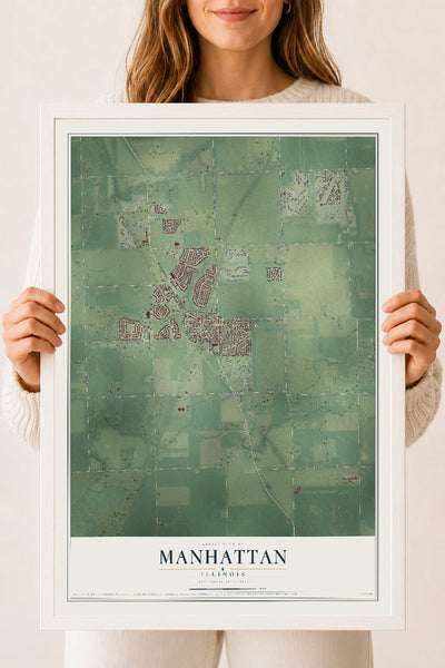 Map of Manhattan, Illinois, 18 x 24 inch print in a white wood frame