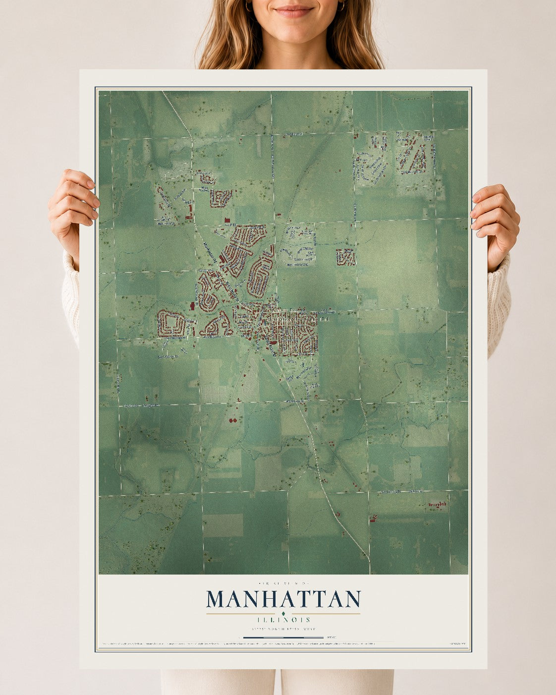 Map of Manhattan, Illinois, 24 x 36 inch unframed archival matte print