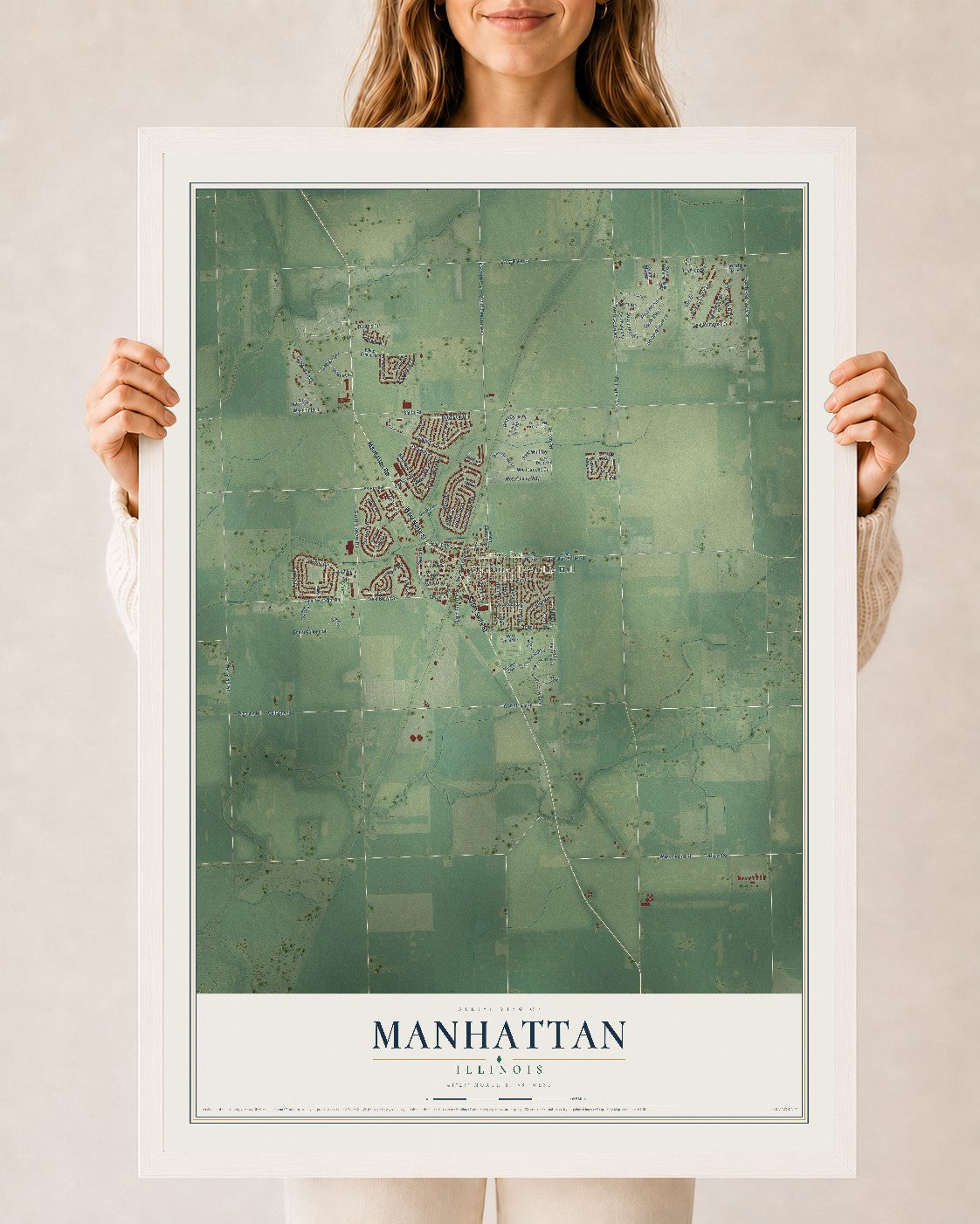 Map of Manhattan, Illinois, 24 x 36 inch print in a white wood frame