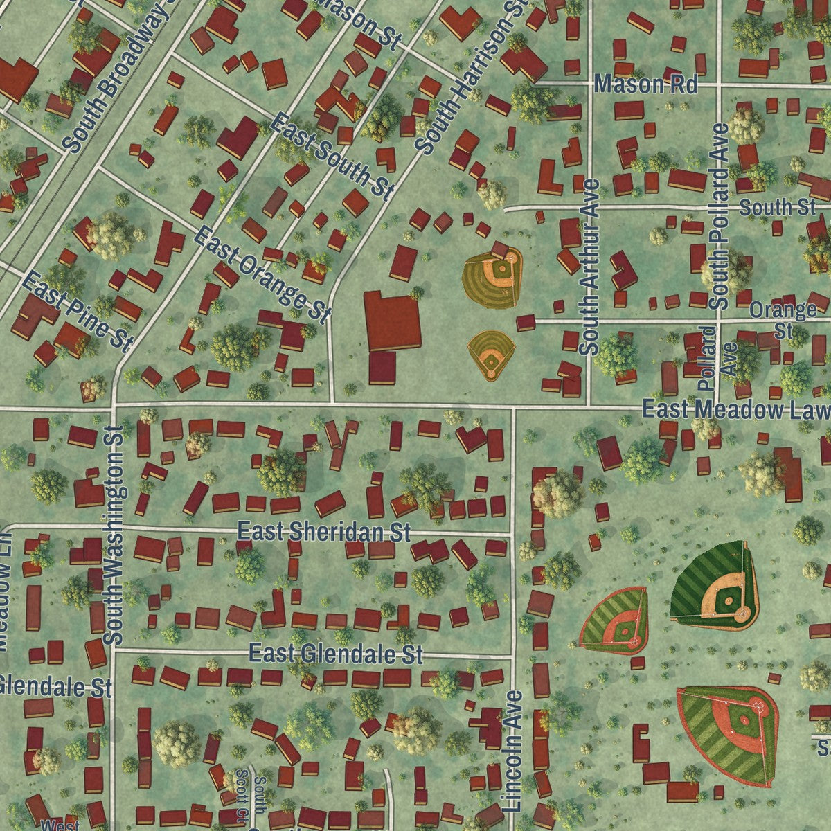 Close-up of the map of Manito, Illinois print showing street and building detail