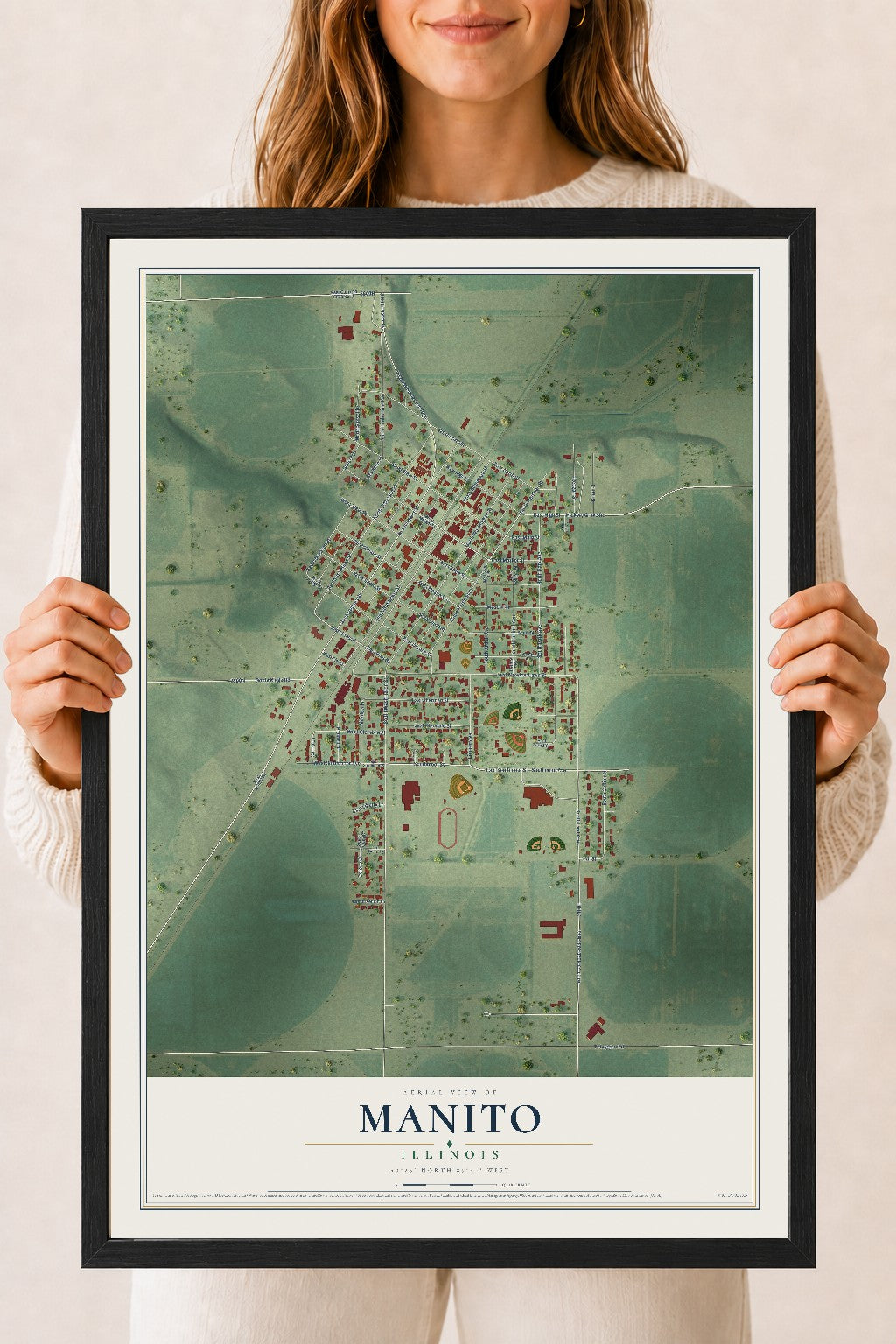 Map of Manito, Illinois, 18 x 24 inch print in a black wood frame