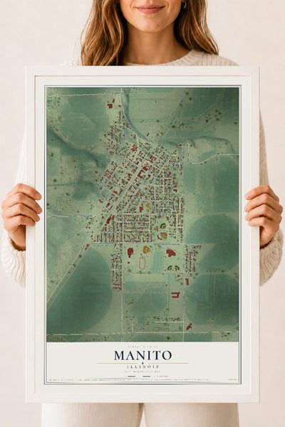 Map of Manito, Illinois, 18 x 24 inch print in a white wood frame