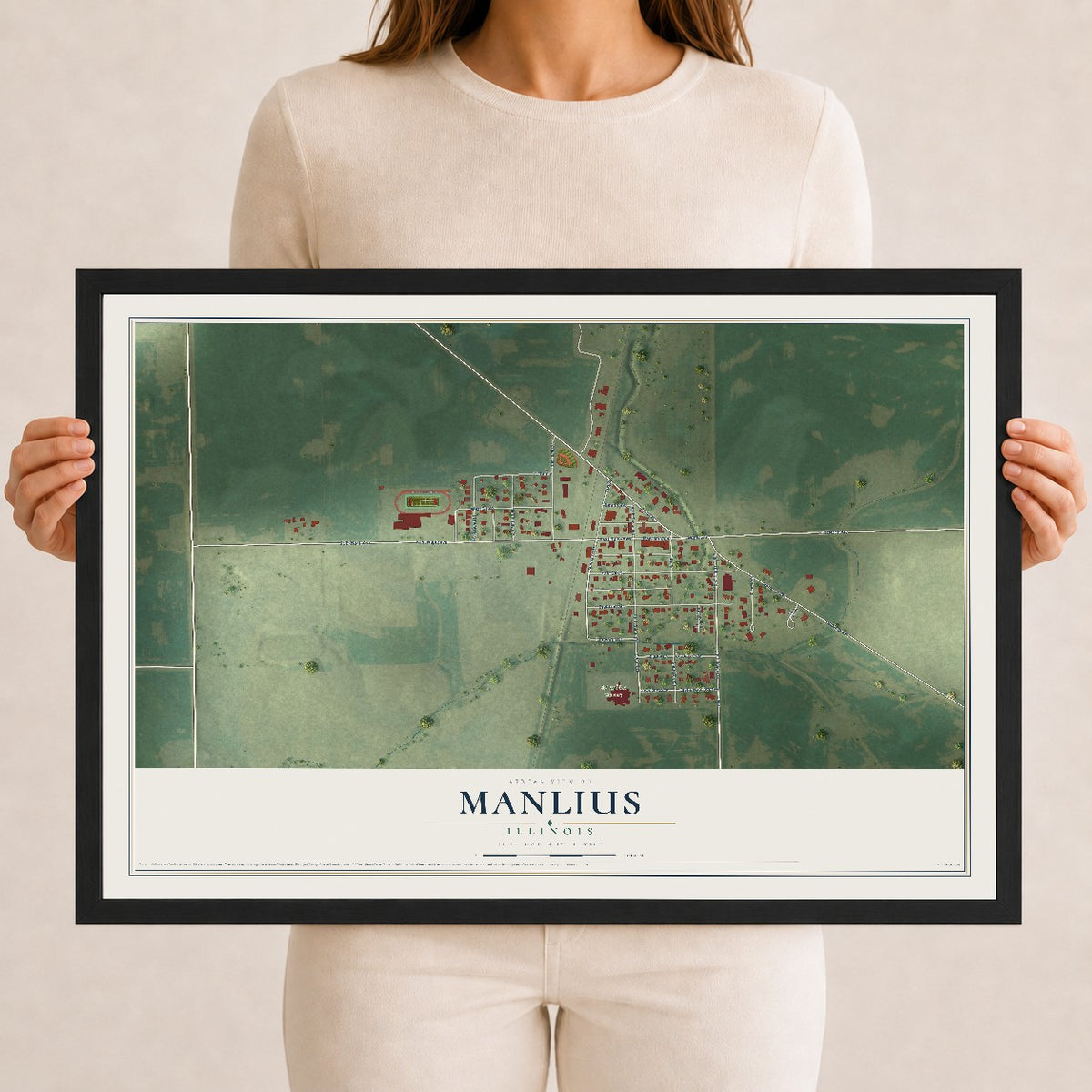 Map of Manlius, Illinois, 12 x 18 inch print in a black wood frame