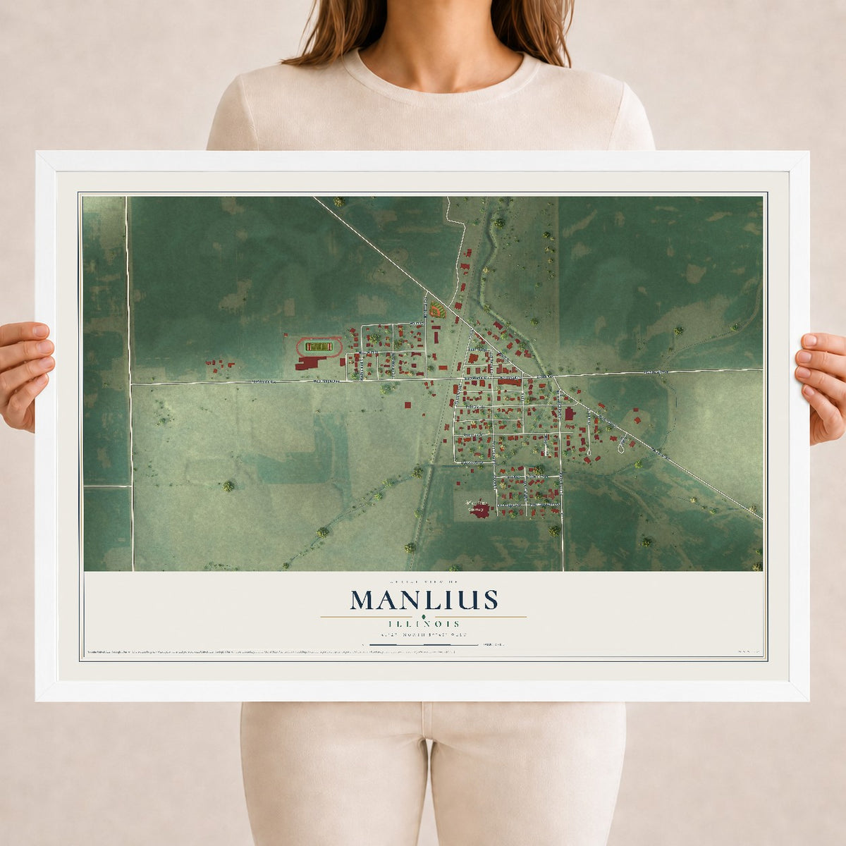 Map of Manlius, Illinois, 18 x 24 inch print in a white wood frame