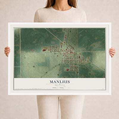Map of Manlius, Illinois, 24 x 36 inch print in a white wood frame