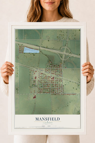 Map of Mansfield, Illinois, 18 x 24 inch print in a white wood frame