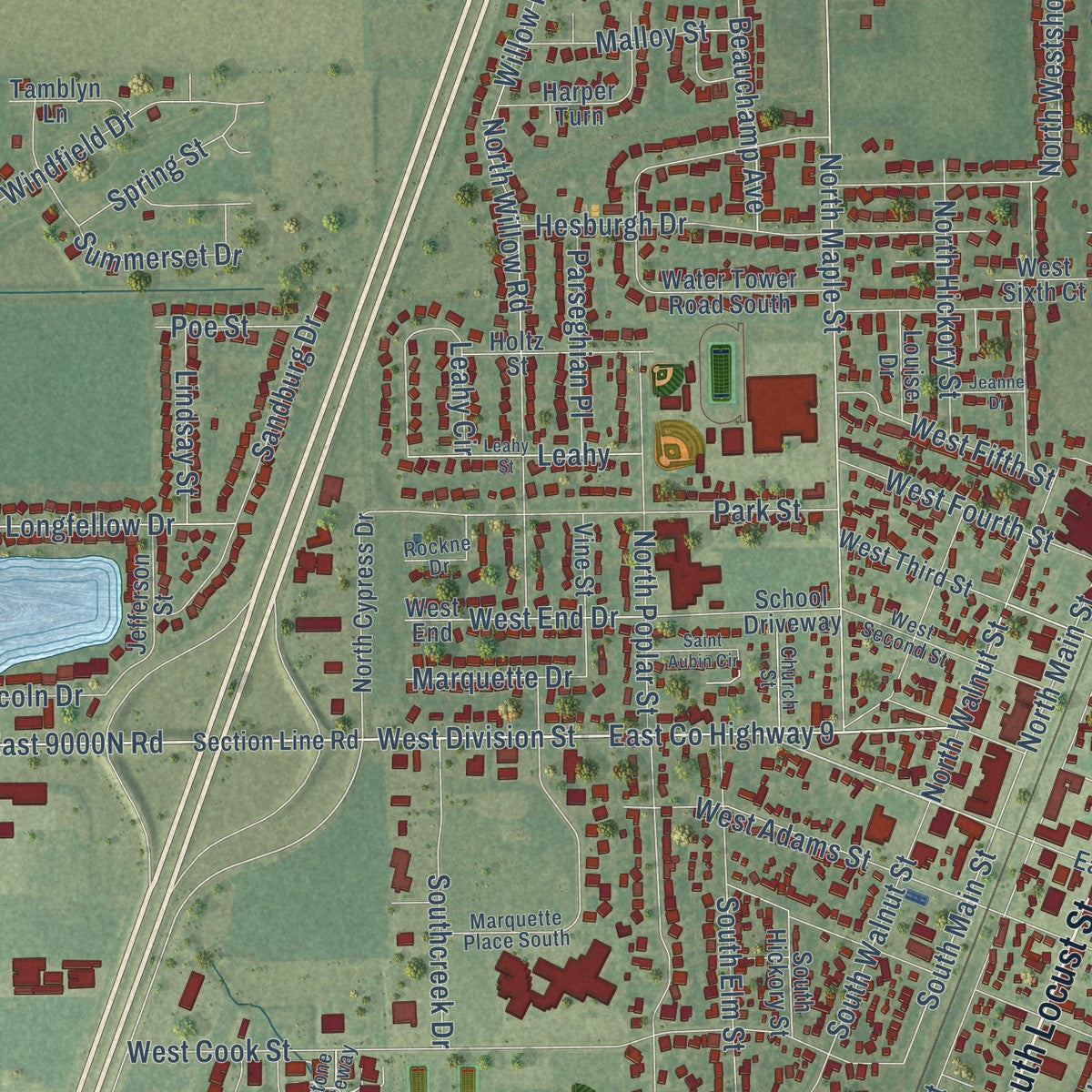 Close-up of the map of Manteno, Illinois print showing street and building detail