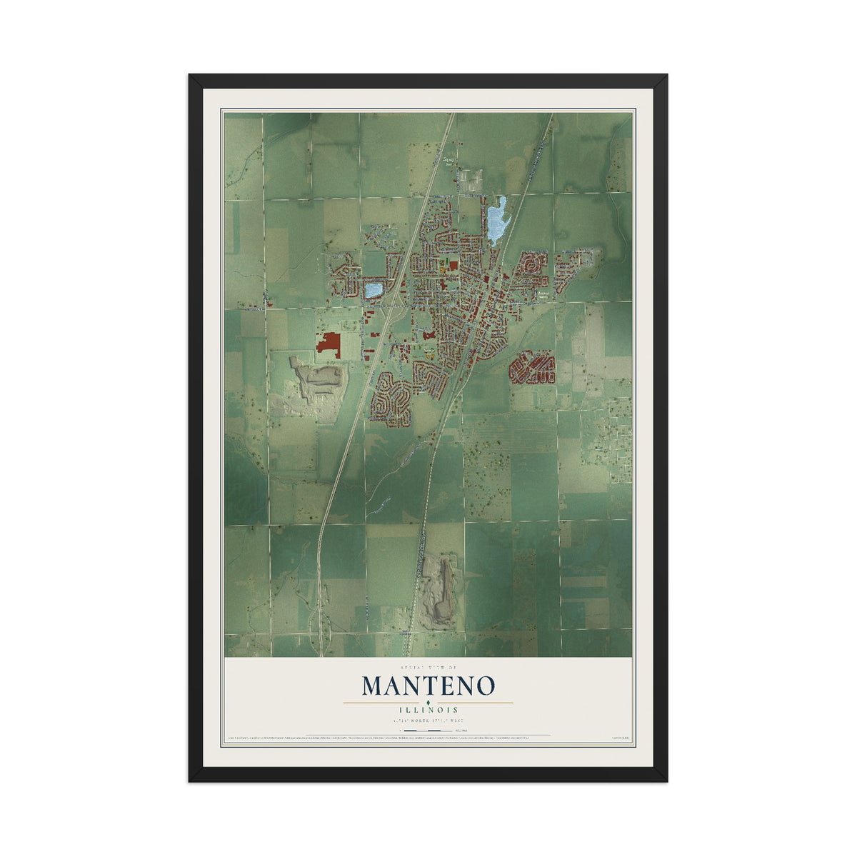 Map of Manteno, Illinois, 12 x 18 inch print in a black wood frame