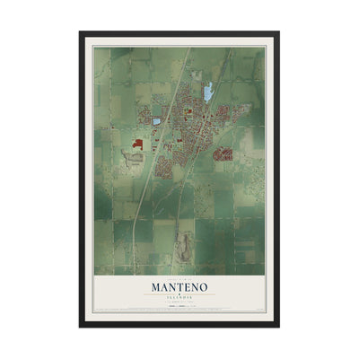 Map of Manteno, Illinois, 12 x 18 inch print in a black wood frame