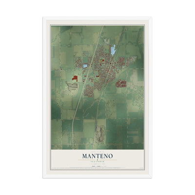 Map of Manteno, Illinois, 12 x 18 inch print in a white wood frame
