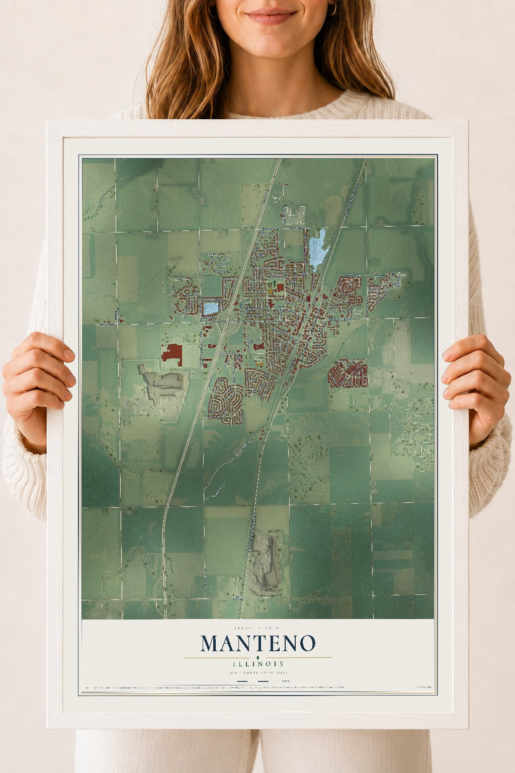 Map of Manteno, Illinois, 18 x 24 inch print in a white wood frame