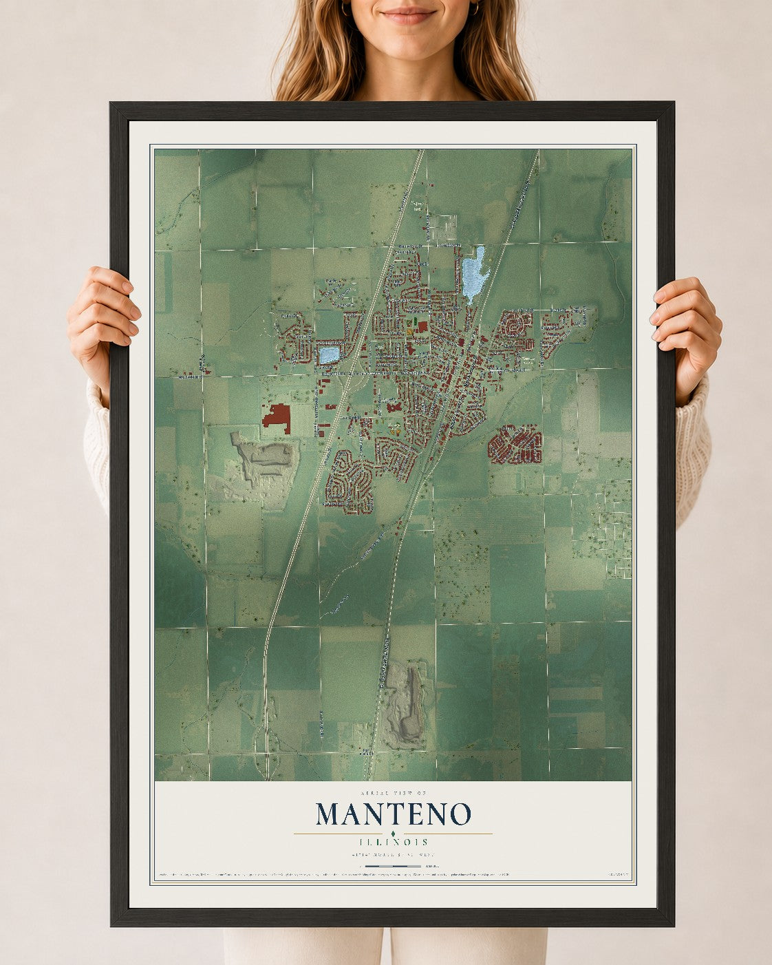 Map of Manteno, Illinois, 24 x 36 inch print in a black wood frame