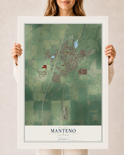 Map of Manteno, Illinois, 24 x 36 inch print in a white wood frame
