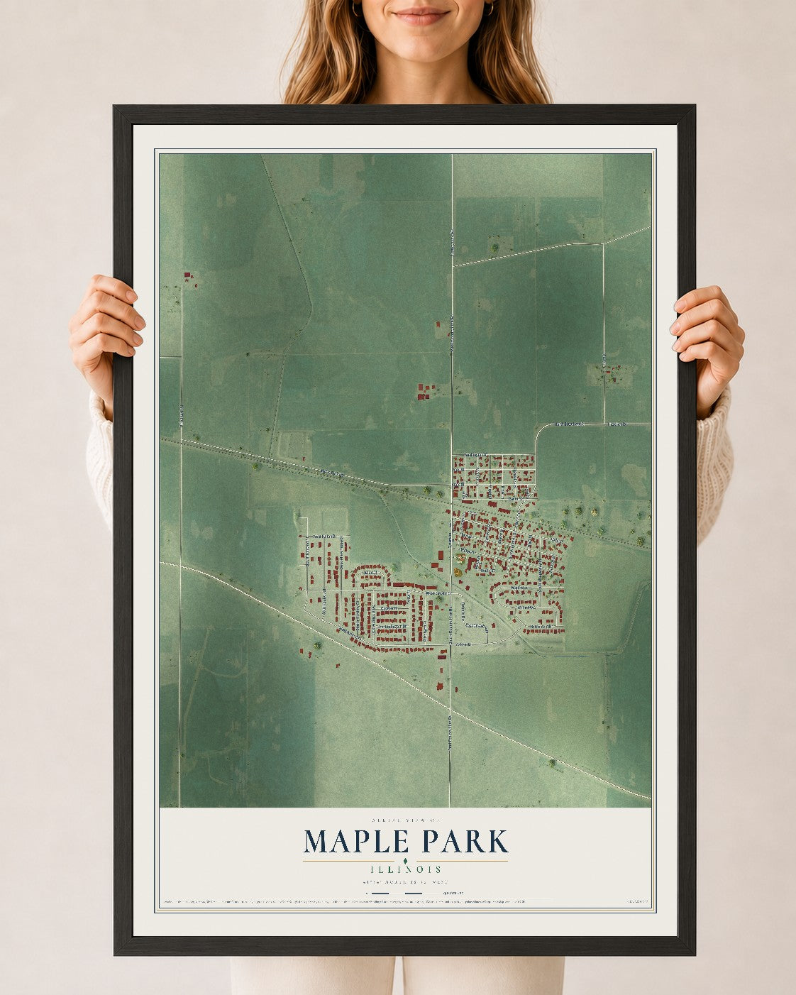 Map of Maple Park, Illinois, 24 x 36 inch print in a black wood frame