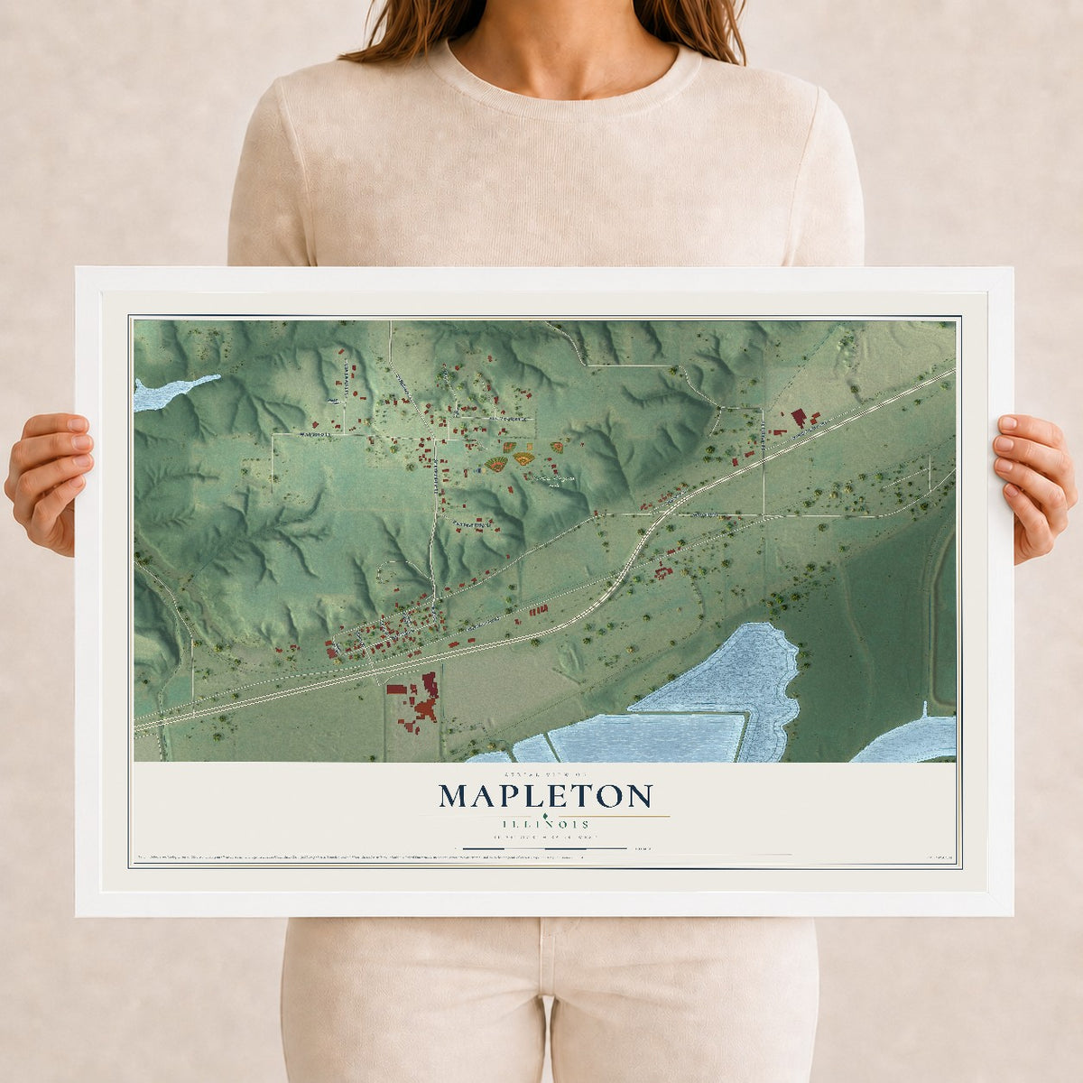 Map of Mapleton, Illinois, 12 x 18 inch print in a white wood frame