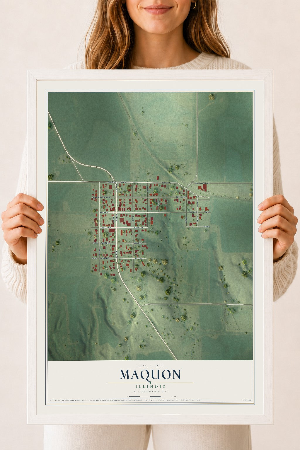 Map of Maquon, Illinois, 18 x 24 inch print in a white wood frame