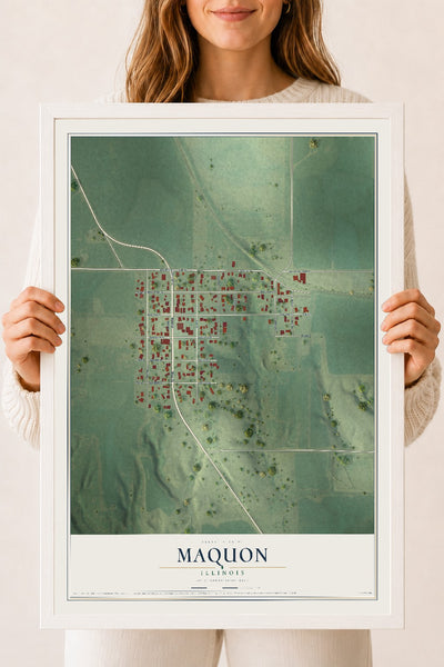 Map of Maquon, Illinois, 18 x 24 inch print in a white wood frame
