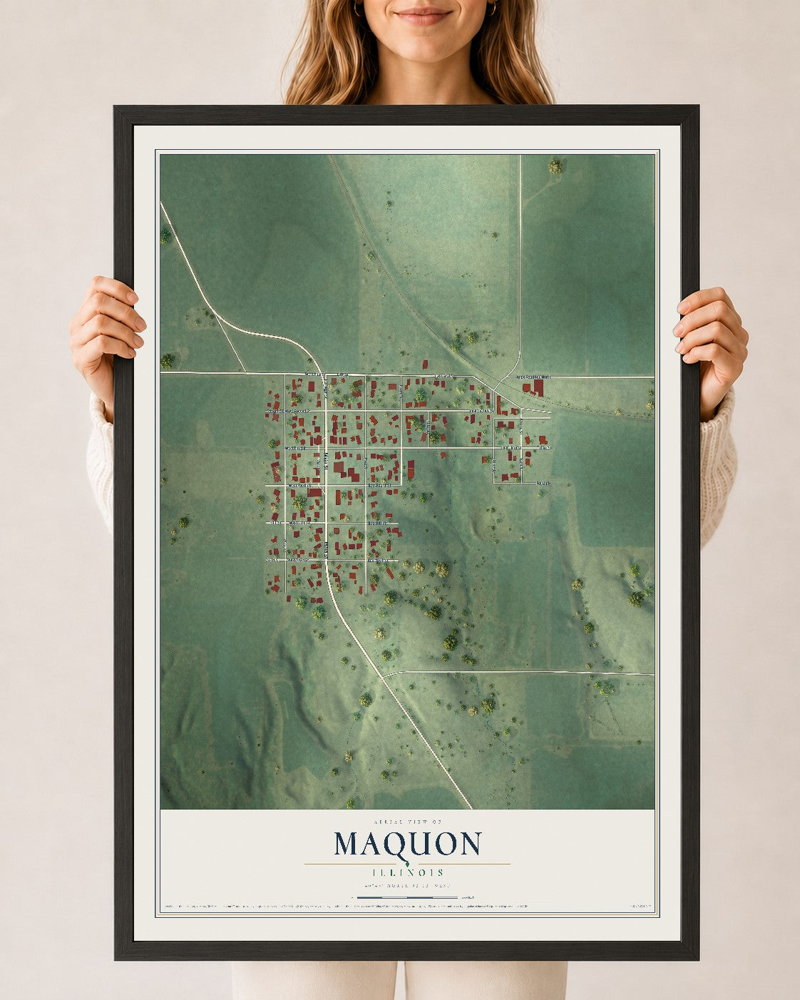 Map of Maquon, Illinois, 24 x 36 inch print in a black wood frame