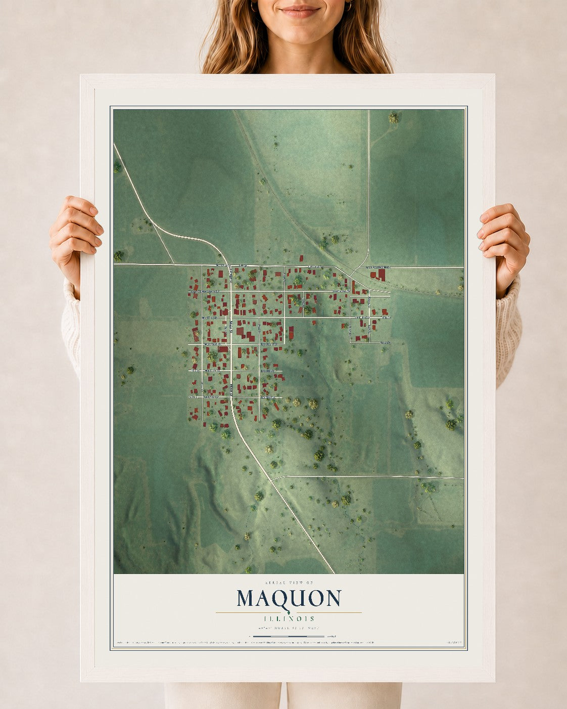 Map of Maquon, Illinois, 24 x 36 inch print in a white wood frame
