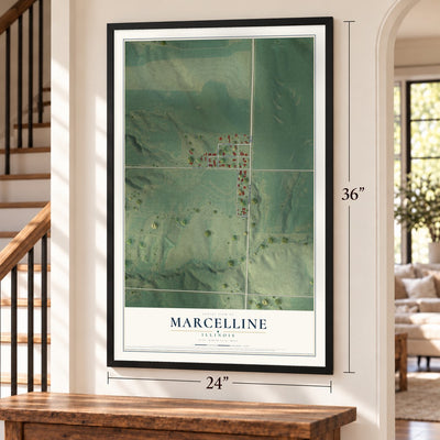 Marcelline, Illinois map, 24 x 36 inch print in a black frame by a staircase