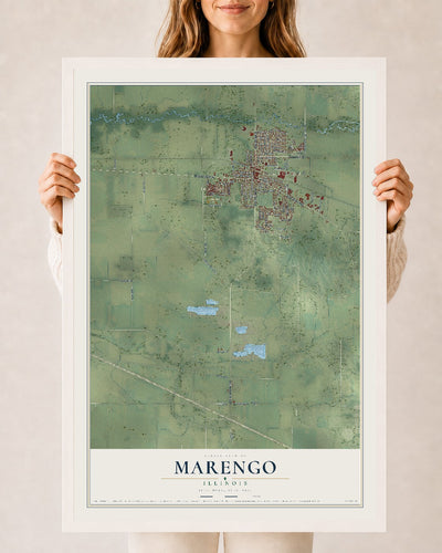 Map of Marengo, Illinois, 24 x 36 inch print in a white wood frame