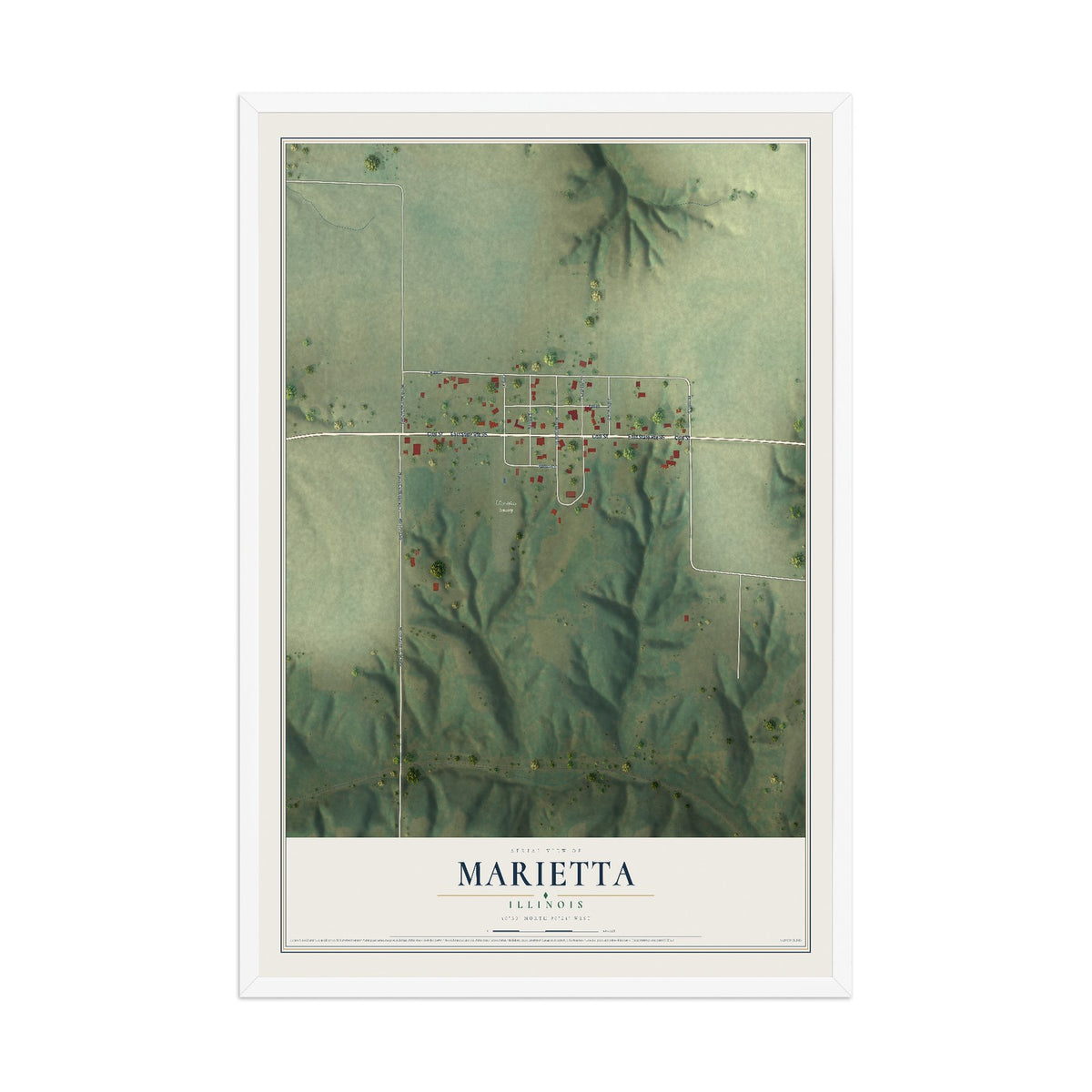 Map of Marietta, Illinois, 12 x 18 inch print in a white wood frame