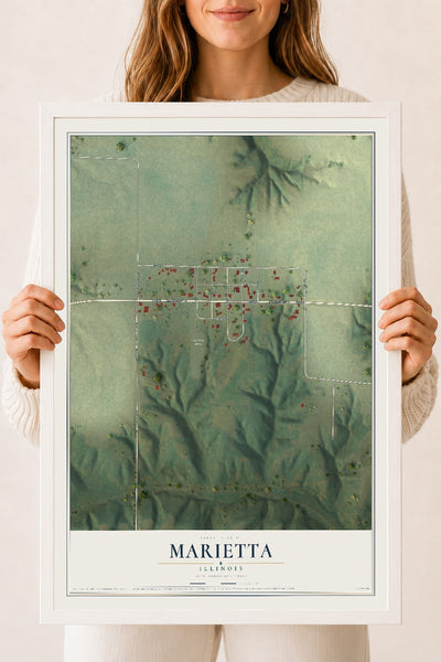 Map of Marietta, Illinois, 18 x 24 inch print in a white wood frame