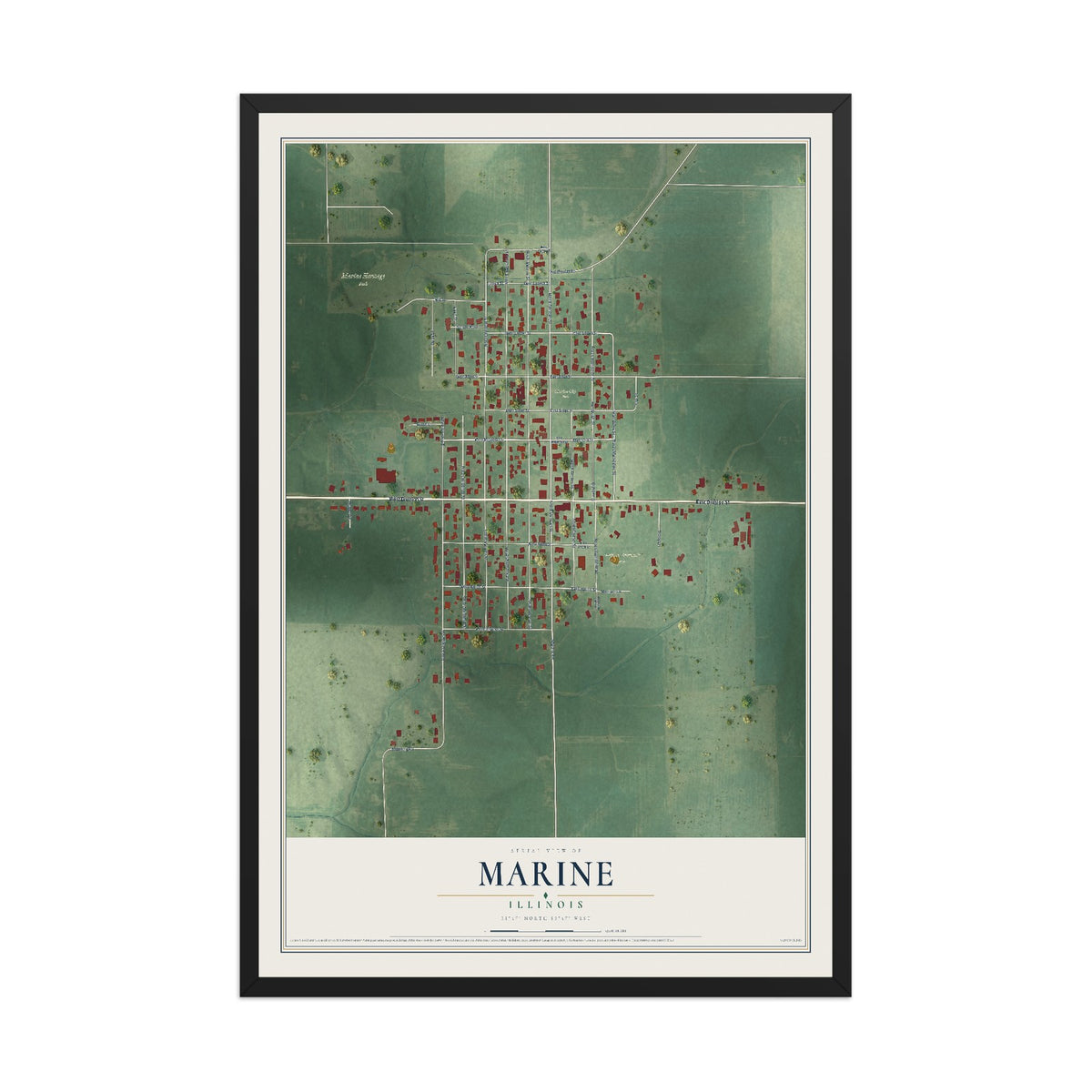 Map of Marine, Illinois, 12 x 18 inch print in a black wood frame
