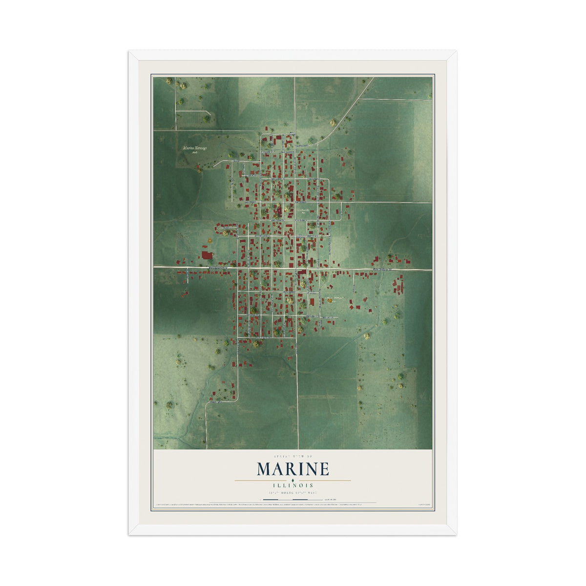 Map of Marine, Illinois, 12 x 18 inch print in a white wood frame