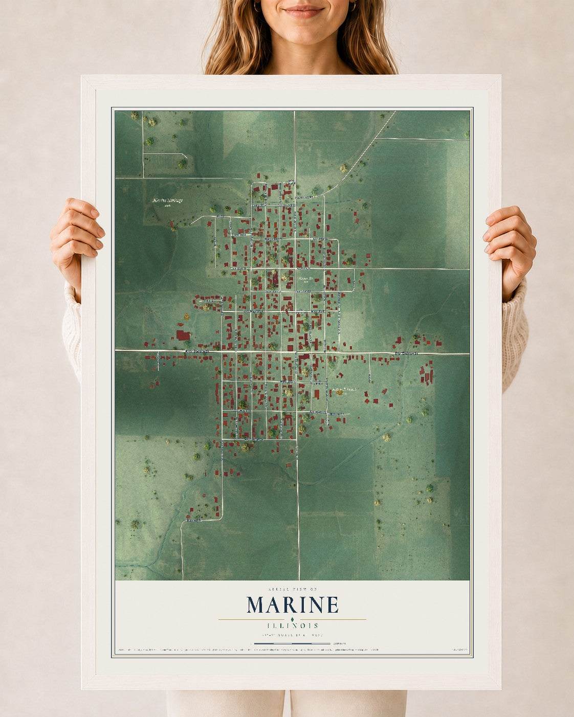Map of Marine, Illinois, 24 x 36 inch print in a white wood frame