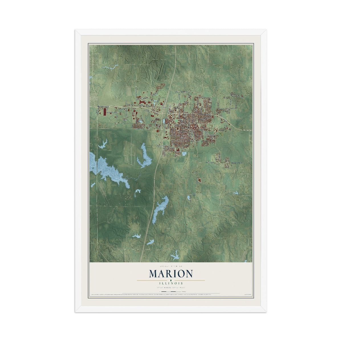 Map of Marion, Illinois, 12 x 18 inch print in a white wood frame