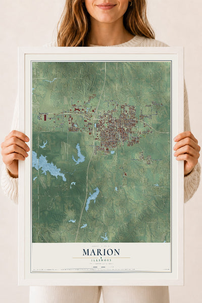 Map of Marion, Illinois, 18 x 24 inch print in a white wood frame