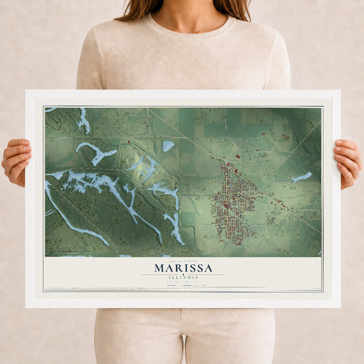 Map of Marissa, Illinois, 12 x 18 inch print in a white wood frame