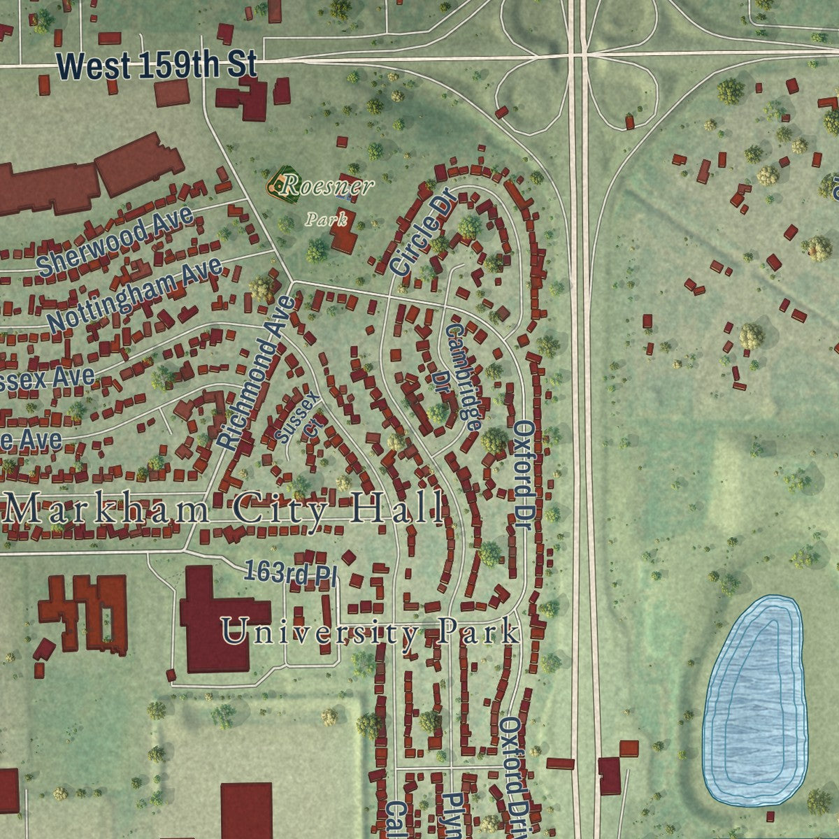 Close-up of the map of Markham, Illinois print showing street and building detail